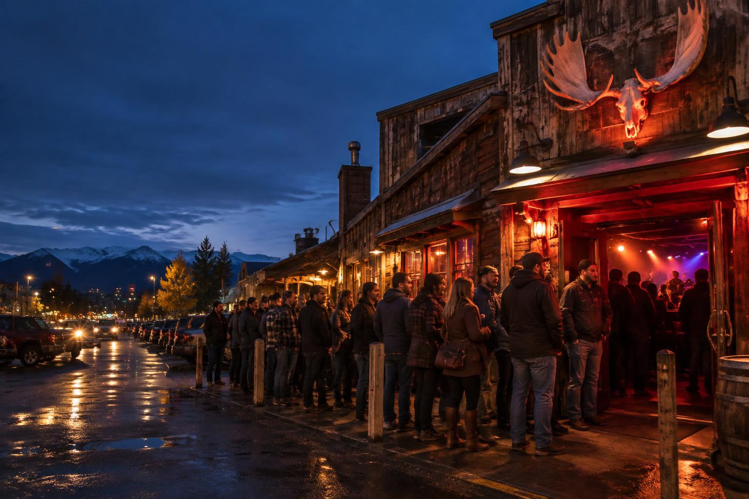 A rustic Anchorage music venue glowing at night beneath the Chugach Mountains